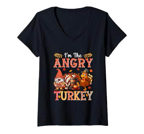 Damen Funny Joke Angry Thanksgiving Turkey GNOME Fall Pumpkins T-Shirt mit V-Ausschnitt von Farmer Thanksgiving Costume