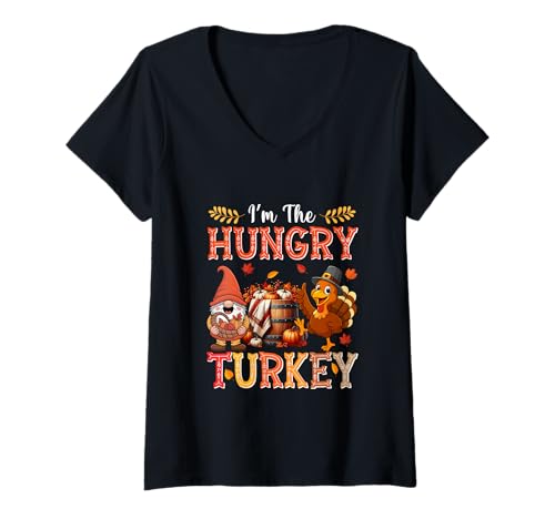 Damen Funny Joke Hungry Thanksgiving Turkey GNOME Fall Pumpkins T-Shirt mit V-Ausschnitt von Farmer Thanksgiving Costume