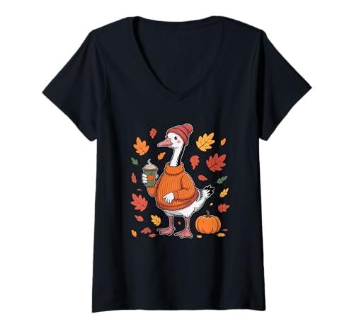 Damen Gänse im Pullover Kaffee Erntedankfest Herbst Bauer T-Shirt mit V-Ausschnitt von Farmer Thanksgiving Costume