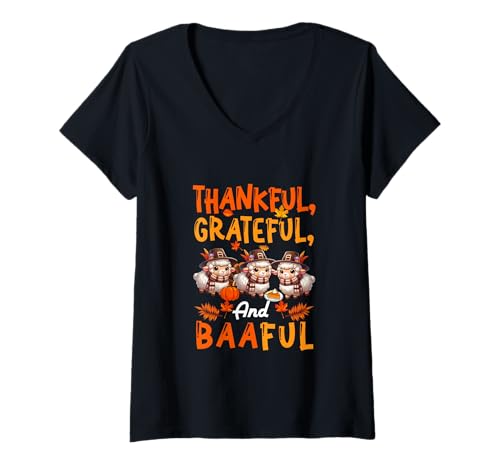 Damen Greateful Thankful and Baaful Three Thanksgiving Sheeps T-Shirt mit V-Ausschnitt von Farmer Thanksgiving Costume