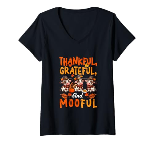 Damen Greateful Thankful and Mooful Three Thanksgiving Cows T-Shirt mit V-Ausschnitt von Farmer Thanksgiving Costume