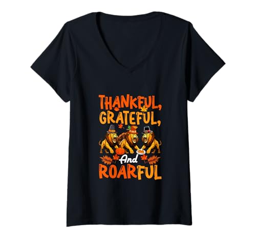Damen Greateful Thankful and Roarful Three Thanksgiving Lions T-Shirt mit V-Ausschnitt von Farmer Thanksgiving Costume