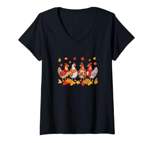 Damen Group Chickens Drinking Coffee Thanksgiving Fall Leaves T-Shirt mit V-Ausschnitt von Farmer Thanksgiving Costume