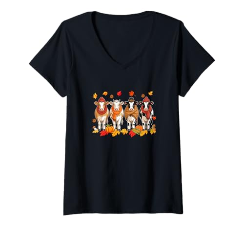 Damen Group Cows Thanksgiving Fall Leaves Pumpkins Farmer Pilgrim T-Shirt mit V-Ausschnitt von Farmer Thanksgiving Costume