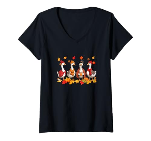 Damen Group Gooses Drinking Coffee Thanksgiving Fall Leaves T-Shirt mit V-Ausschnitt von Farmer Thanksgiving Costume