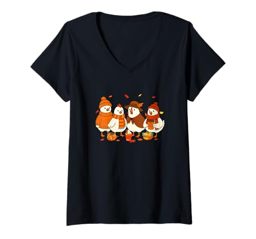 Damen Gruppe Cute Chickens Thanksgiving Flowers Herbst Kürbisse Farm T-Shirt mit V-Ausschnitt von Farmer Thanksgiving Costume