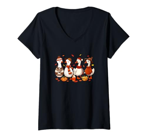 Damen Gruppe Cute Gooses Thanksgiving Flowers Herbst Kürbisse Bauer T-Shirt mit V-Ausschnitt von Farmer Thanksgiving Costume