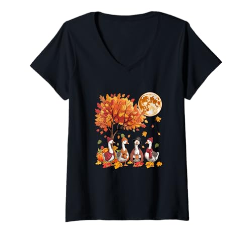 Damen Gruppe Gänse unter Herbstbaum Thanksgiving Pilgrim Farmer T-Shirt mit V-Ausschnitt von Farmer Thanksgiving Costume