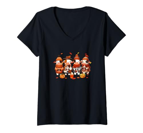 Damen Gruppe Süße Kühe Thanksgiving Flowers Herbst Kürbisse Bauer T-Shirt mit V-Ausschnitt von Farmer Thanksgiving Costume