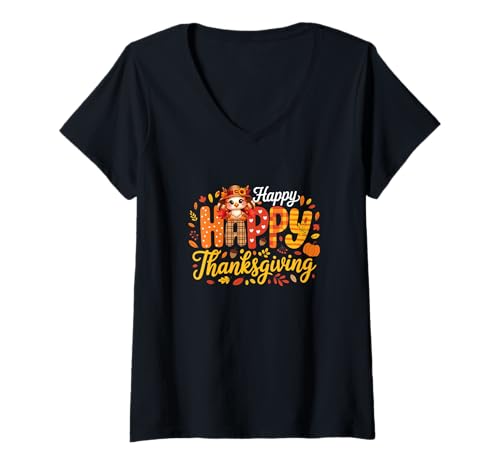 Damen Happy Thanksgiving Bunte Herbstblätter Türkei Pilger T-Shirt mit V-Ausschnitt von Farmer Thanksgiving Costume