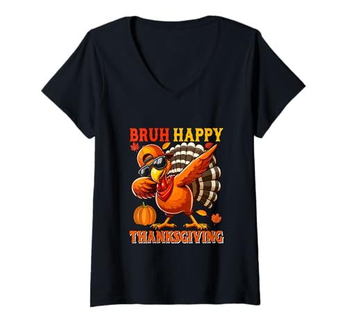 Damen Happy Thanksgiving Dabbing Turkey Sunglasses Fall Pumpkins T-Shirt mit V-Ausschnitt von Farmer Thanksgiving Costume