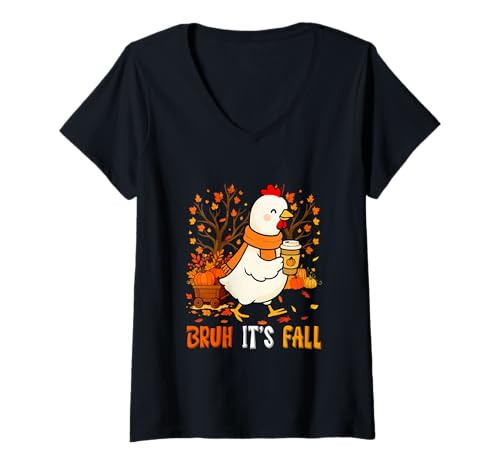 Damen It's Fall Thanksgiving Chicken Drinking Coffee Pumpkins T-Shirt mit V-Ausschnitt von Farmer Thanksgiving Costume