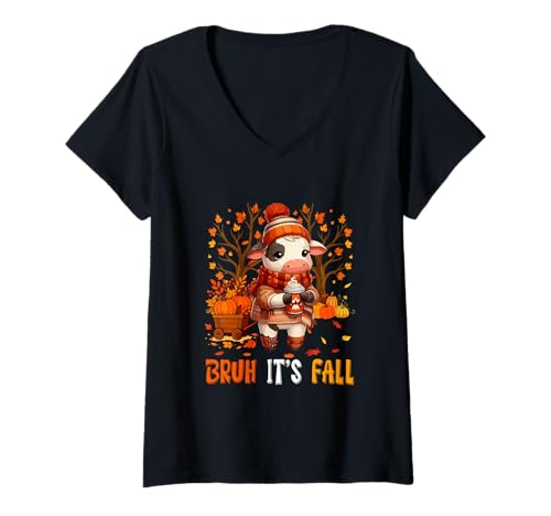 Damen It's Fall Thanksgiving Cow Drinking Coffee Pumpkins Farmer T-Shirt mit V-Ausschnitt von Farmer Thanksgiving Costume
