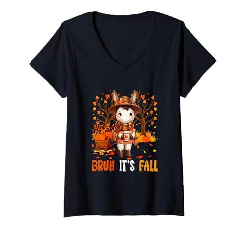 Damen It's Fall Thanksgiving Donkey Drinking Coffee Pumpkins T-Shirt mit V-Ausschnitt von Farmer Thanksgiving Costume