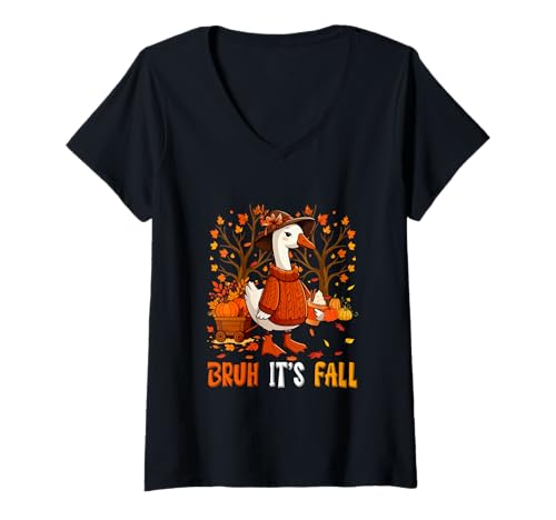 Damen It's Fall Thanksgiving Goose Drinking Coffee Pumpkins Farmer T-Shirt mit V-Ausschnitt von Farmer Thanksgiving Costume