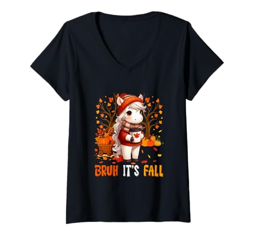 Damen It's Fall Thanksgiving Horse Drinking Coffee Pumpkins Farmer T-Shirt mit V-Ausschnitt von Farmer Thanksgiving Costume