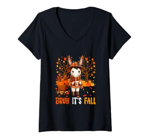 Damen It's Fall Thanksgiving Mule Drinking Coffee Pumpkins Farmer T-Shirt mit V-Ausschnitt von Farmer Thanksgiving Costume