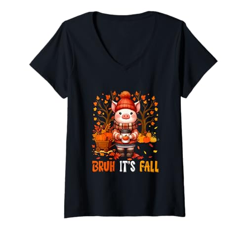 Damen It's Fall Thanksgiving Pig Drinking Coffee Pumpkins Farmer T-Shirt mit V-Ausschnitt von Farmer Thanksgiving Costume
