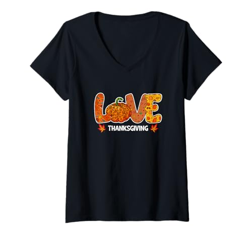 Damen Love Thanksgiving Leopard Pumpkin Colorful Fall Leaves T-Shirt mit V-Ausschnitt von Farmer Thanksgiving Costume