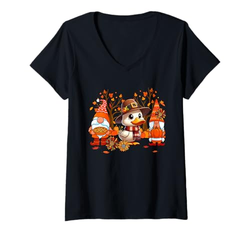 Damen Paar Zwerge Ente Thanksgiving Kürbisse Floral Pilgrim T-Shirt mit V-Ausschnitt von Farmer Thanksgiving Costume