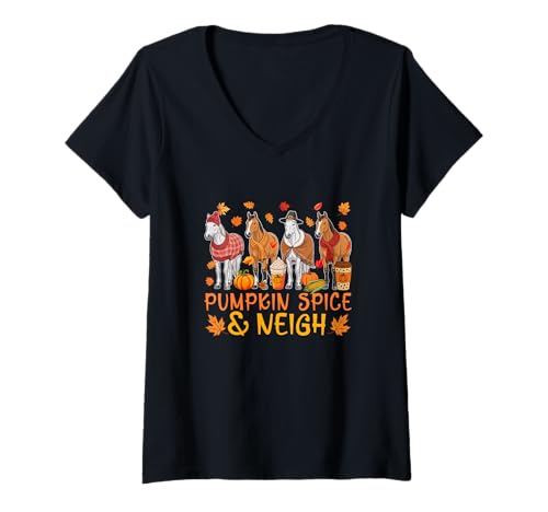 Damen Pumpkin Spice Thanksgiving Group Horses Sound Farmer Pilgrim T-Shirt mit V-Ausschnitt von Farmer Thanksgiving Costume