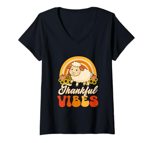 Damen Thankful Funny Vibes Thanksgiving Sheep Floral Rainbow T-Shirt mit V-Ausschnitt von Farmer Thanksgiving Costume