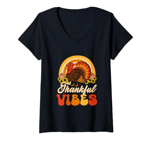 Damen Thankful Funny Vibes Thanksgiving Turkey Floral Rainbow T-Shirt mit V-Ausschnitt von Farmer Thanksgiving Costume