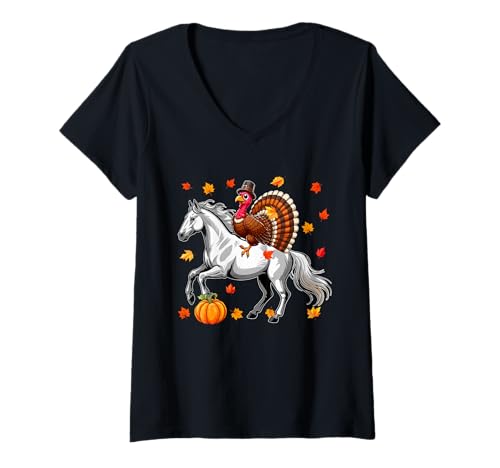 Damen Türkei Reitpferd Thanksgiving Herbst Blätter Kürbisliebhaber T-Shirt mit V-Ausschnitt von Farmer Thanksgiving Costume