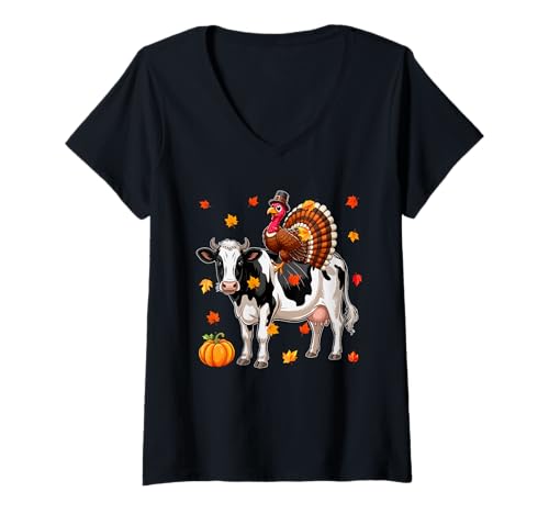Damen Türkei reitende Kuh Thanksgiving Herbst Blätter Kürbisliebhaber T-Shirt mit V-Ausschnitt von Farmer Thanksgiving Costume