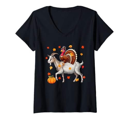 Damen Türkei reitende Ziege Thanksgiving Herbst Blätter Kürbisliebhaber T-Shirt mit V-Ausschnitt von Farmer Thanksgiving Costume