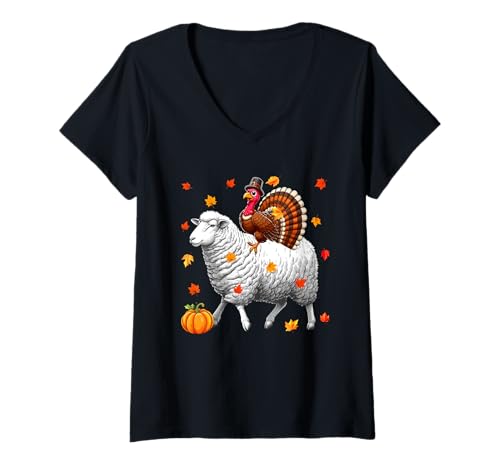 Damen Türkei reitendes Schaf Thanksgiving Herbst Blätter Kürbisliebhaber T-Shirt mit V-Ausschnitt von Farmer Thanksgiving Costume