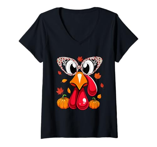 Damen Turkey Face Leopard Glasses Thanksgiving Hunting Squad T-Shirt mit V-Ausschnitt von Farmer Thanksgiving Costume