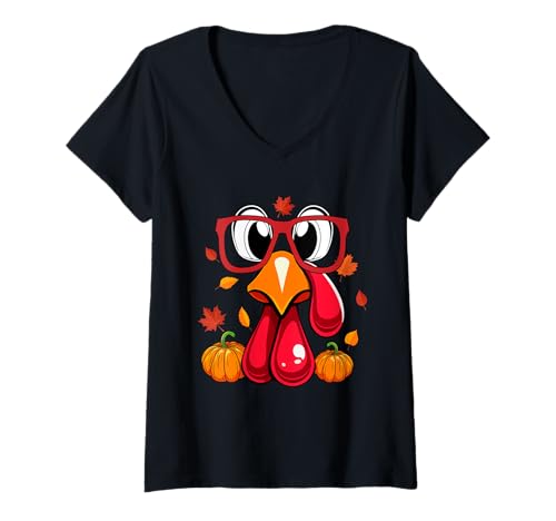 Damen Turkey Face Wearing Glasses Thanksgiving Hunting Squad T-Shirt mit V-Ausschnitt von Farmer Thanksgiving Costume