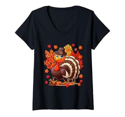 Damen Turkey Pumpkin Face Thanksgiving Fall Tree Funny Pilgrim T-Shirt mit V-Ausschnitt von Farmer Thanksgiving Costume