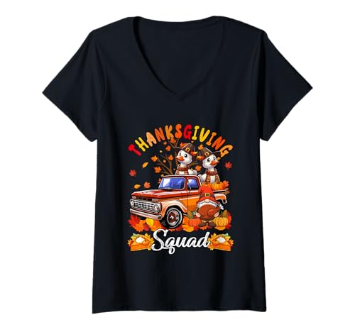Damen Zwei niedliche Gans auf Pickup Truck Thanksgiving Zwerg Herbst T-Shirt mit V-Ausschnitt von Farmer Thanksgiving Costume