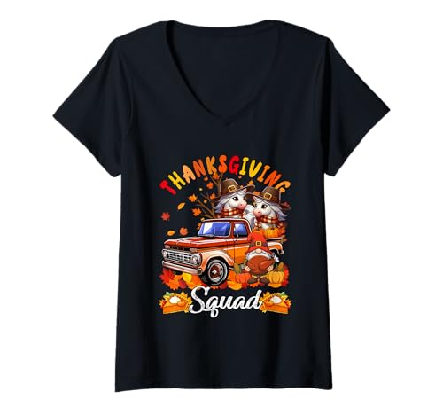 Damen Zwei niedliche Pferde auf Pickup Truck Thanksgiving Zwerg Herbst T-Shirt mit V-Ausschnitt von Farmer Thanksgiving Costume