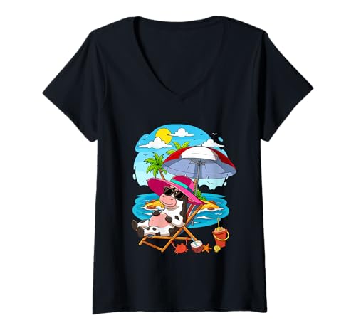 Damen Cow Relaxing Summer Costume Traveling Beach Lover Farmer T-Shirt mit V-Ausschnitt von Farmer Vacations Costume