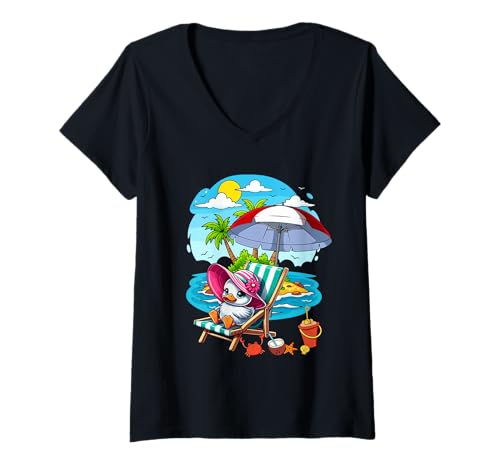 Damen Duck Relaxing Summer Costume Traveling Beach Lover Farmer T-Shirt mit V-Ausschnitt von Farmer Vacations Costume
