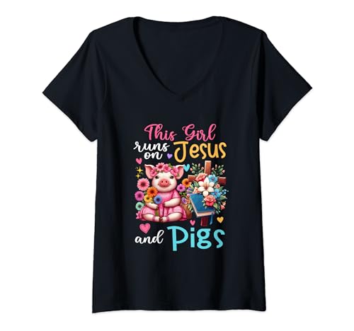 Damen Girl Runs On Jesus And Pigs Cute Flowers Christian Cross T-Shirt mit V-Ausschnitt von Farmer Vacations Costume