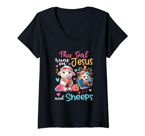 Damen Girl Runs On Jesus And Sheeps Cute Flowers Christian Cross T-Shirt mit V-Ausschnitt von Farmer Vacations Costume