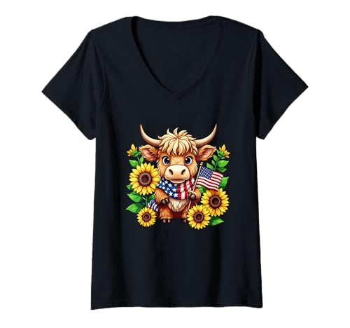 Damen Highland Cow Flowers 4th Of July US Flag Patriotic Farmer T-Shirt mit V-Ausschnitt von Farmer Vacations Costume