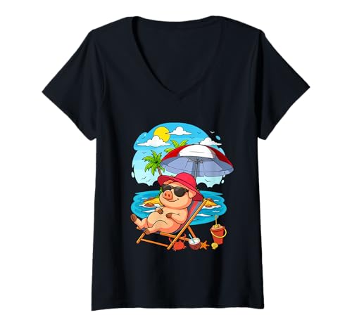 Damen Pig Relaxing Summer Costume Traveling Beach Lover Farmer T-Shirt mit V-Ausschnitt Damen Pig Relaxing Summer Costume Traveling Beach Lover Farmer T-Shirt mit V-Ausschnitt von Farmer Vacations Costume