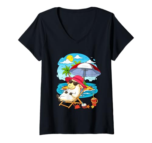 Damen Sheep Relaxing Summer Costume Traveling Beach Lover Farmer T-Shirt mit V-Ausschnitt Damen Sheep Relaxing Summer Costume Traveling Beach Lover Farmer T-Shirt mit V-Ausschnitt von Farmer Vacations Costume