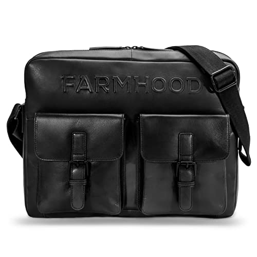 FARMHOOD Memphis Damen/Herren Leder Aktentasche | Messenger Bag mit längenverstellbarem Umhängeriemen | 38 cm groß Umhängetasche mit 2 aufgesetzten Vordertaschen und Laptopfach von Farmhood