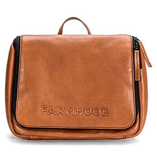 FARMHOOD Memphis Damen/Herren Leder Kulturbeutel | große Kosmetiktasche mit Haken zum Aufhängen | viele Fächer mit Reißverschluss | Beauty-Case 27 cm mit Reißverschluss auf der Rückseite von Farmhood