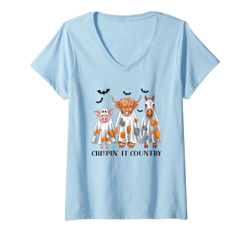 Damen Barnyard Boos Geisterkuh, Schwein, Pferd T-Shirt mit V-Ausschnitt Damen Barnyard Boos Geisterkuh, Schwein, Pferd T-Shirt mit V-Ausschnitt von Farmyard Halloween Animals Costume Fun