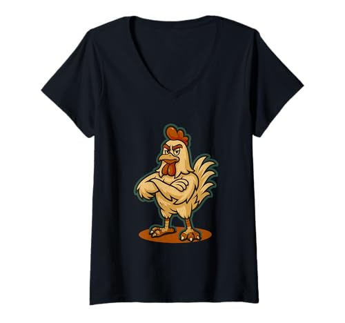 Damen Lustige Wütende Huhn-Illustration, kräftige Grafik T-Shirt mit V-Ausschnitt von Farmyard Rebels Funny Chicken Art