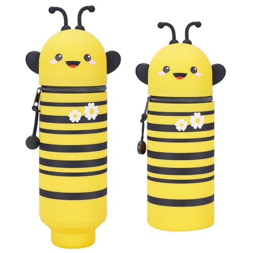 2 In 1 Silikon Federmäppchen – Kawaii Tiermäppchen Biene, Weiches Schulmäppchen mit Reißverschluss, Stehendes Stiftemäppchen für Kinder, Schüler, Büro von Farnirvana