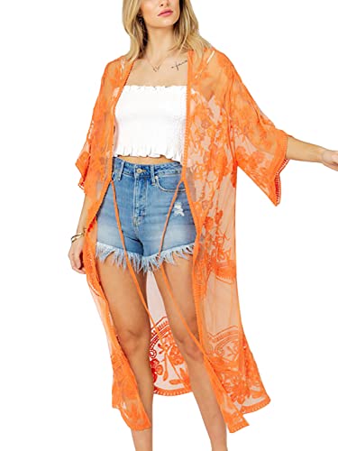 FaroDor Damen Flowy Badeanzug Kimono Cardigan Spitze Häkeln Bademode Floral Cover Ups, E18-orange, Einheitsgröße von FaroDor
