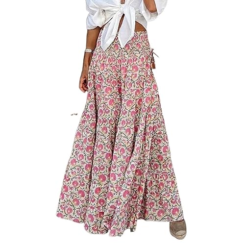 Frauen Boho Floral Print Midi-Rock Lässige Elastische Hohe Taille Plissiert Schaukel Eine Linie Boho Strand Maxi-Rock (Color : Pink, Size : M) von FaroLy